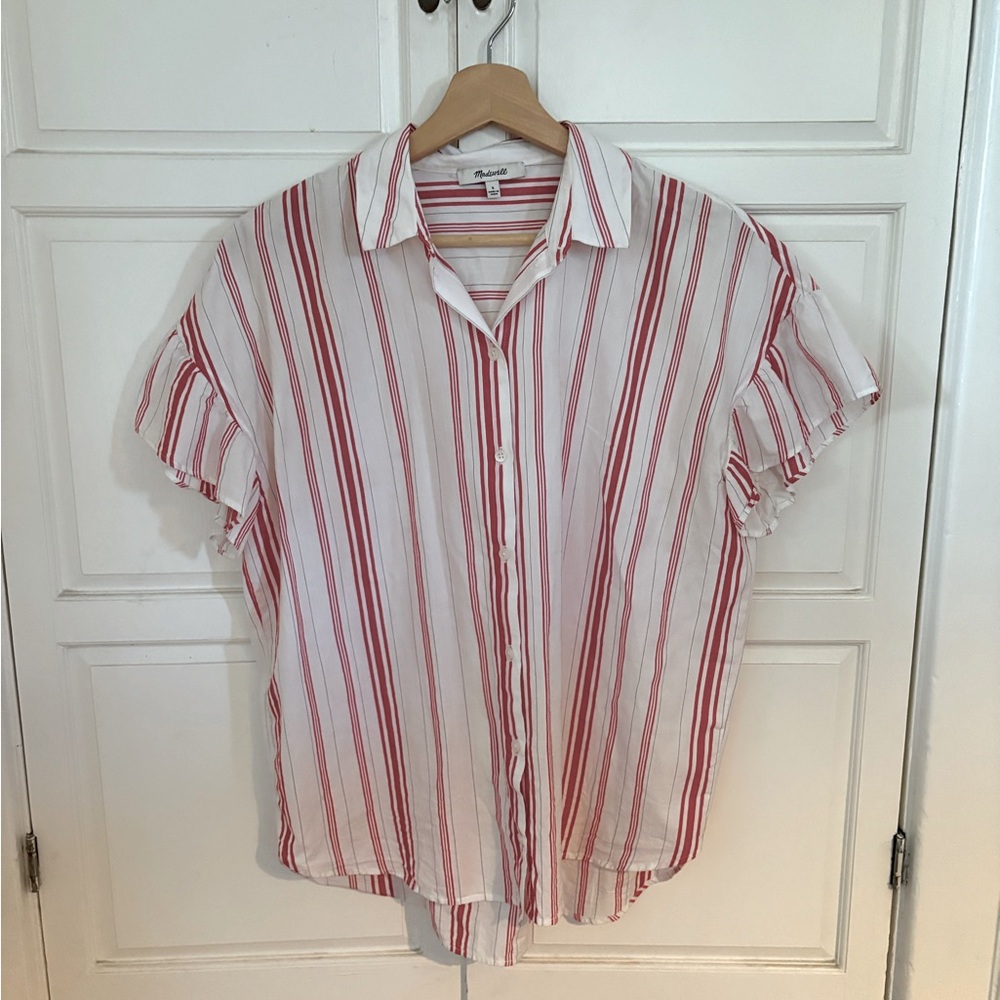 Madewell Red and White Striped Button Up Short Sleeve -- Womens SMALL